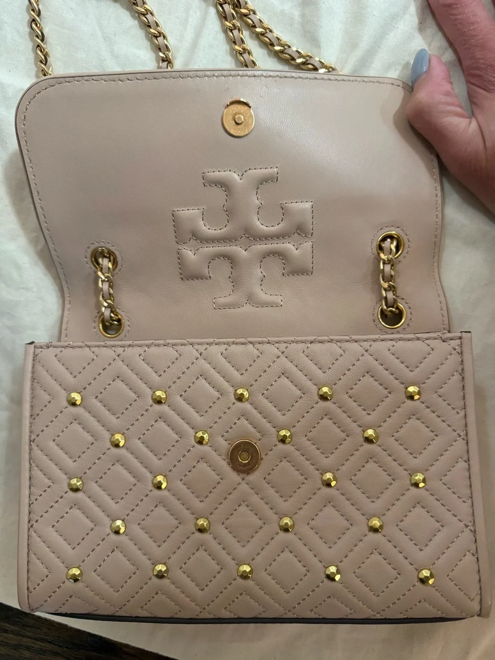 Tory Burch Quilted Studded Chain Crossbody Bag - Pale Pink with Gold Hardware - Picture 3 of 6